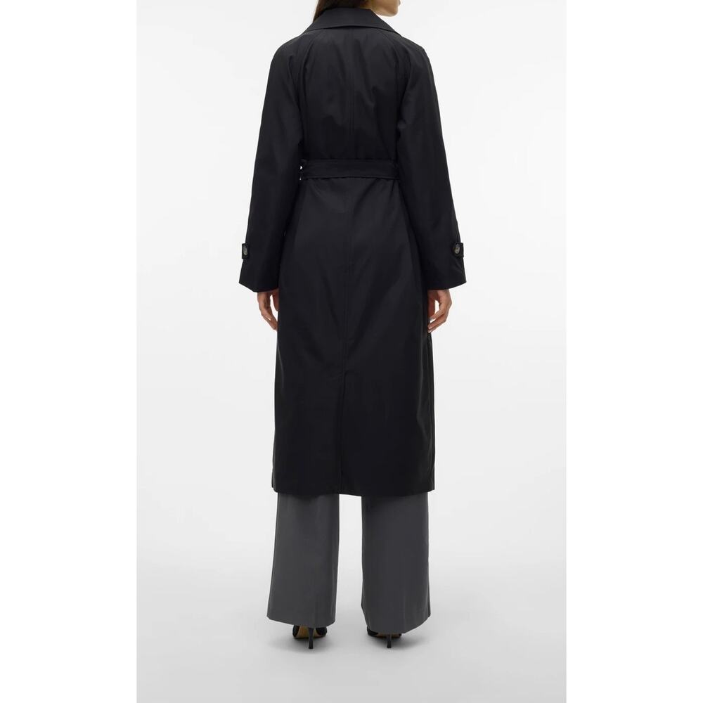 Vero Moda Black Long Trench Coat Double Breasted Belted NWT - Picture 2 of 10